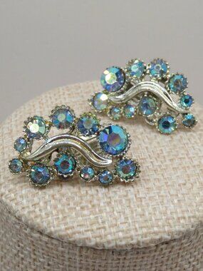 Vintage BSK Blue AB Rhinestone Silver Tone Clip On Earrings